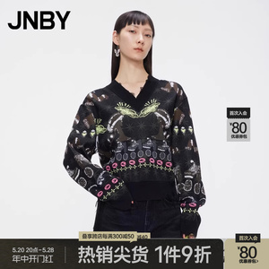 JNBY/江南布衣春季印花毛针织衫女装短款外套V领套头流苏毛衫上衣