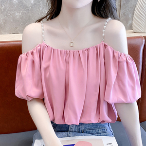 雪纺吊带上衣女2022夏季新款设计感小众一字肩露锁骨灯笼短袖t恤