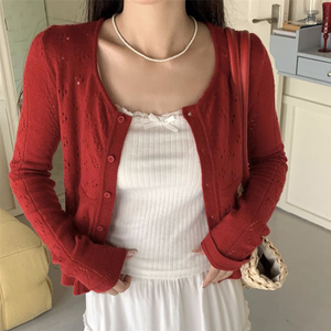 红色镂空针织开衫外套女薄款夏季2024新款吊带外搭短款开衫空调衫