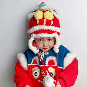 手工虎头帽传统民族风宝宝过年帽子秋冬中国风手工醒狮老虎帽儿童