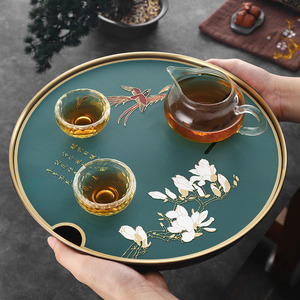 铜茶盘家用高档圆形茶托盘办公室功夫干泡台茶盘轻奢现代沥水盘
