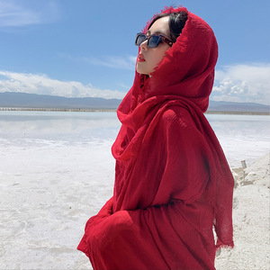 焦下凯蓝大红色拍照棉麻丝巾女夏季薄防晒沙漠旅游民族风围巾披肩