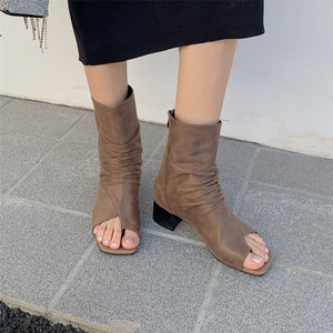 现货 韩国采购女靴柔软皮质弹力套筒鱼嘴粗跟高跟短靴 凉靴