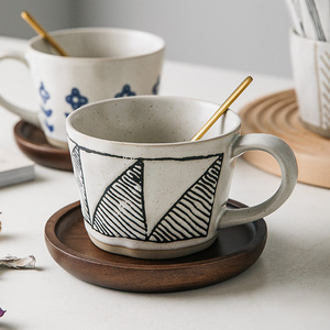 复古咖啡杯带勺子日式粗陶手工杯子陶瓷马克杯创意宽口水杯家用