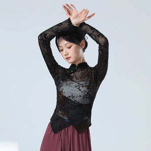 古典舞演出舞蹈服练功服女新款修身植绒网纱长袖中国舞形体服上衣