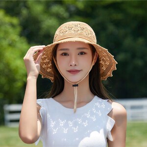 短发适合戴的帽子女可水洗折叠花朵透气大帽檐遮阳防晒帽草帽凉帽