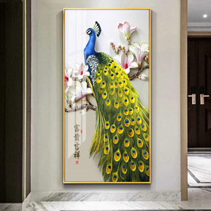 入户玄关装饰画孔雀图富贵吉祥走廊过道尽头挂画客厅壁画晶瓷画
