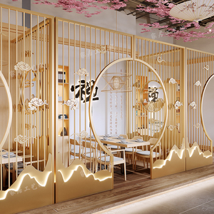 中式餐厅卡座屏风饭店包间铁艺隔断墙办公室茶楼拱门镂空格栅装饰