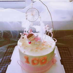 粉色睡姿天使独角兽女孩 宝宝满月百天蛋糕装饰儿童派对甜品摆台