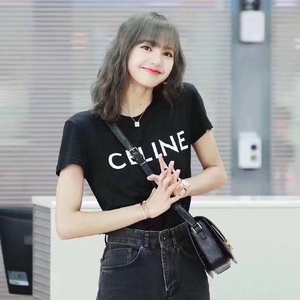 lisa同款短袖t恤女2022年夏季新款黑白字母宽松简约休闲百搭上衣