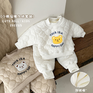 男女宝宝外出保暖套装加绒卫衣卫裤两件套新韩版婴儿冬季潮流衣服