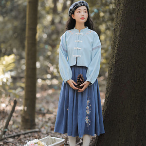 民国装女套装盘扣汉服班服秋冬高中学生服装对襟汉服中国风套装