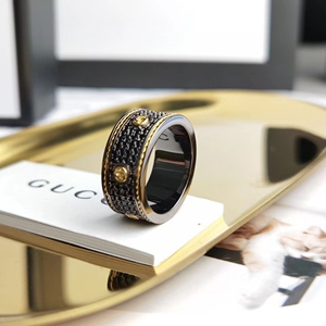 代购正品 gucci/古奇 新款黑陶瓷双g戒指925纯银镶嵌黑钻情侣指环