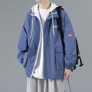 雾霾蓝假两件工装外套男春秋高级感男装设计感夹克oversize冲锋衣