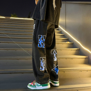 西海岸美式裤子高街vibe风黑色牛仔裤男夏季潮牌高个子加长直筒裤