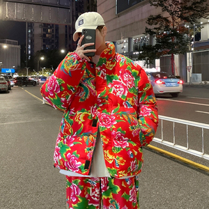 国潮棉服男设计感小众东北大棉袄红色牡丹花痞帅男装一套棉衣棉裤