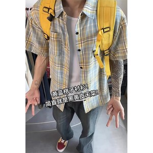 黄蓝格子衬衫男短袖高级感美式复古vintage格纹衬衣夏季薄款外套
