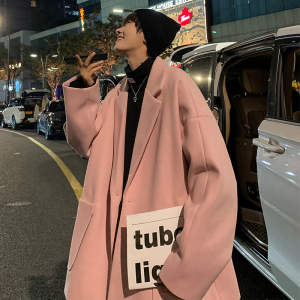 粉红色戗驳领毛呢校毕大衣男中长款日系巴尔马肯风衣外套oversize