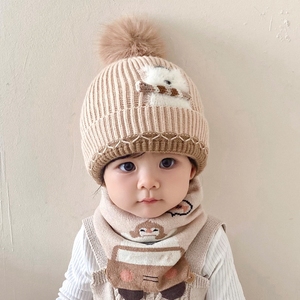 宝宝帽子秋冬季韩版小熊婴儿针织帽护耳防风男童毛线帽子围巾套装