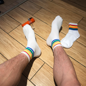 3双装 男士彩虹袜中长筒纯棉潮流白袜控春夏季时尚个性