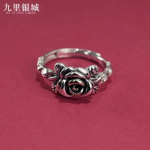 S925银玫瑰花戒指手工银复古可调节开口食指复古花朵戒子指环礼物