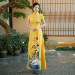 越南奥黛旗袍优雅走秀连衣裙高端大气改良中国风黄色大码长款