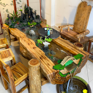 香樟木高山流水茶台循环养鱼新中式禅意茶桌景观一体茶室流水席桌