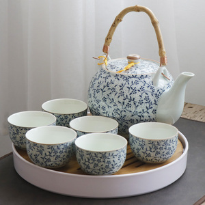 日式大号茶具套装整套家用茶壶茶杯茶盘过滤釉下彩手工提梁壶和风