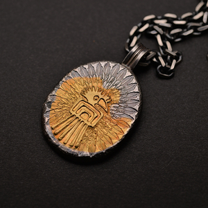 偶屿原创全手工錾刻印第安雷鸟图腾925银错金吊坠男挂饰项链吊牌