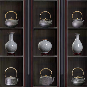 酒店茶室办公室新中式复古摆件博古架茶柜茶壶铁壶陶瓷花瓶装饰