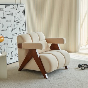 法式中古风客厅实木单人沙发椅子羊羔绒复古设计师休闲椅卧室网红