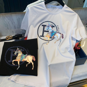 欧洲站夏季新款爱马男仕潮重工烫钻丝光棉半袖休闲圆领短袖t恤男