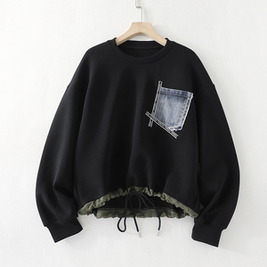 s18888 田原~个性牛仔口袋下摆抽绳空气棉宽松休闲套头卫衣女秋装