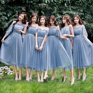 新款伴娘礼服灰蓝色韩版宴会晚礼服夏装合唱礼服裙中长款显瘦仙女