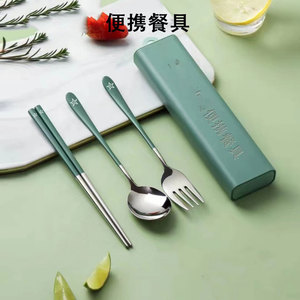 21年新款单兵筷子勺子叉子户外野炊餐具便携组合学生不锈钢橄榄绿