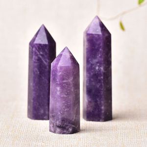 佰禾天然紫丁香原石六棱柱风水摆件紫色水晶单尖能量柱子