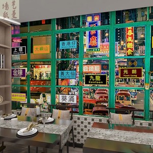 香港建筑街景墙纸复古怀旧港风假窗户港式茶餐厅冰室装饰壁画壁纸
