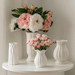 小花瓶摆件客厅插花轻奢高级感陶瓷法式白色复古玫瑰乐高花束矮