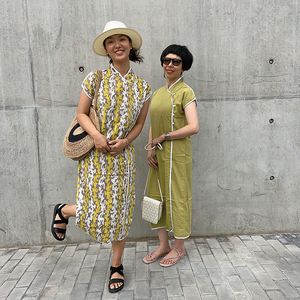 文艺复古新中式改良旗袍纯棉印度拓印黄色几何印花连衣裙女davie