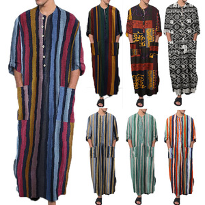 外贸民族服装穆斯林男式长袍秋季中东风格条纹连体衬衫Men's robe