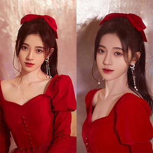 鞠婧祎同款丝绒蝴蝶结头饰女发夹2021新款红色发饰圣诞节女秋冬款