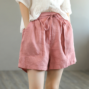 花概念夏季简约纯色亚麻休闲短裤女新款文艺宽松舒适显瘦阔腿热裤