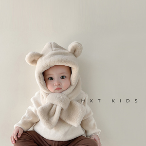 婴儿帽子围巾一体冬季加厚毛绒保暖婴幼儿宝宝纯色小熊韩版护耳帽