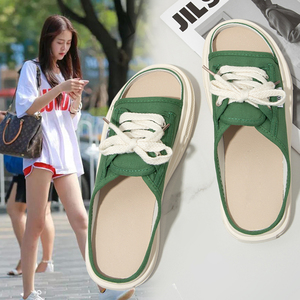 时尚半拖女外穿2022新款春夏季厚底懒人露趾帆布鞋百搭休闲凉拖鞋