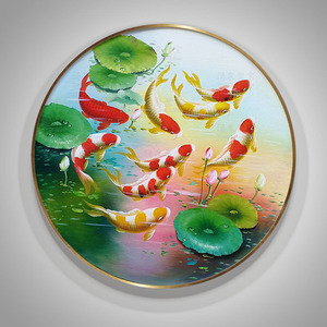 纯手绘油画新中式玄关圆形装饰画荷花九鱼图轻奢餐厅招财挂画锦鲤