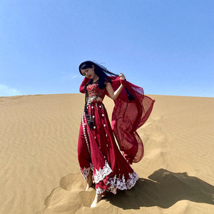 南笙同款敦煌丽江旅游拍照穿搭衣服民族异域风情红色沙漠长裙出租