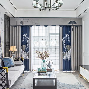 新中式别墅刺绣花窗帘高端帘头幔加厚遮光灰蓝色石蓝定制客厅窗帘