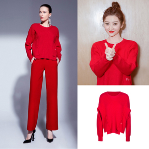 春装新款victoria wang刺绣滑肩袖针织衫不规则红色景甜同款毛衣