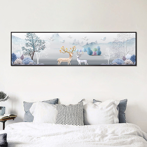 卧室床头装饰画现代简约招财麋鹿挂画大横幅主卧背景墙画房间壁画