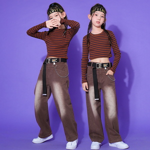 女童爵士舞服装2022新款秋季儿童时髦潮酷牛仔裤条纹打底衫长袖潮